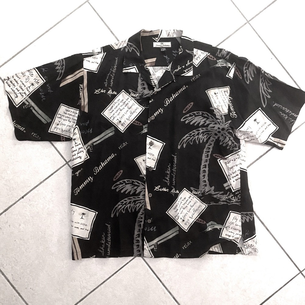 Tommy Bahama Men‎ XL Silk Shirt Black Tropical Postcard Palm Tree Camp Button Up